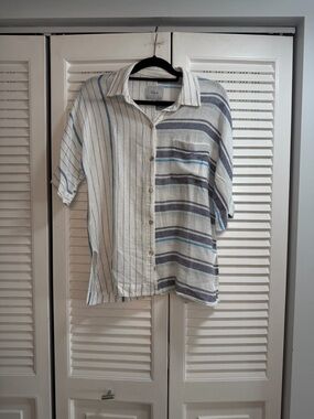 Rails Women’s  Striped Button-Down Shirt - White, Navy & Light Blue Linen Blouse